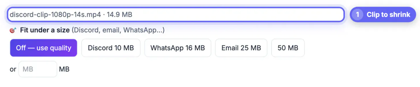 Video Compressor with discord-clip-1080p-14s.mp4 loaded at 14.9 MB above the Fit under a size presets Discord 10 MB, WhatsApp 16 MB, Email 25 MB and 50 MB