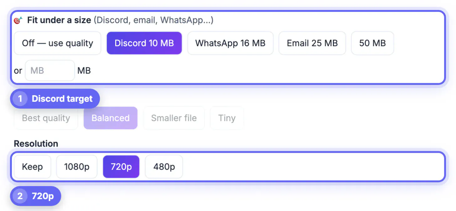 Discord 10 MB target highlighted under Fit under a size and the 720p Resolution button chosen before compressing a clip for Discord