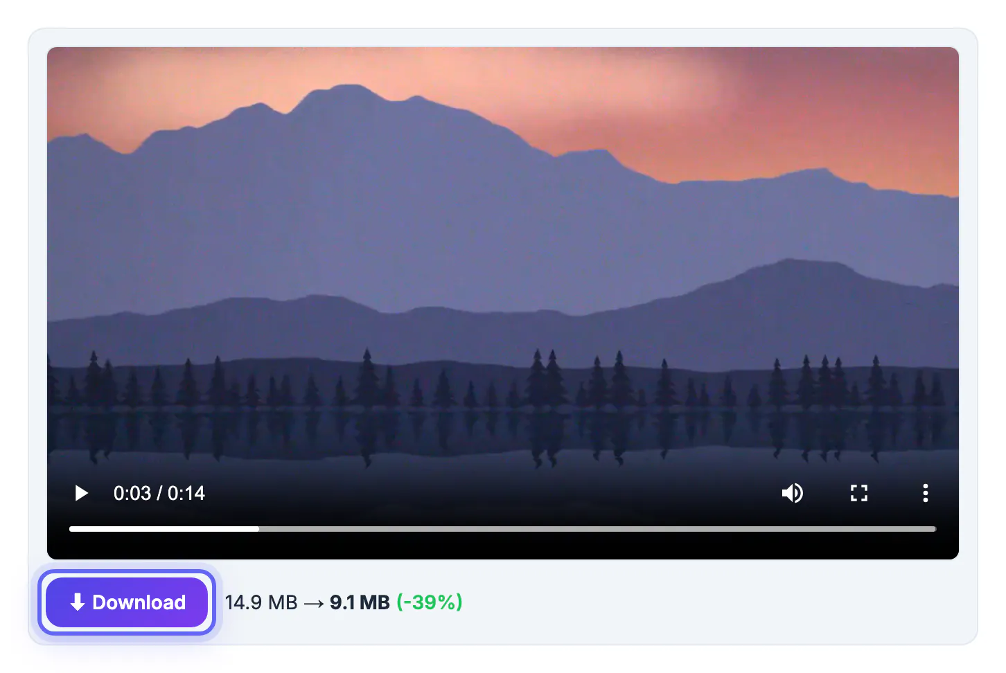 Finished Discord clip with a video preview and a Download button beside the result line 14.9 MB to 9.1 MB (-39%), under the 10 MB limit
