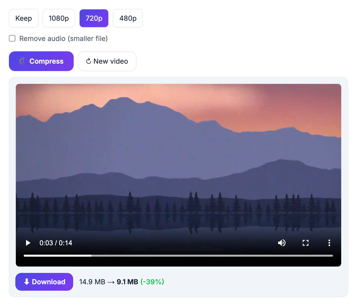 Whole Video Compressor panel in its finished state: finished Discord clip with a video preview and a Download button beside the result line 14.9 MB to 9.1 MB (-39%), under the 10 MB limit