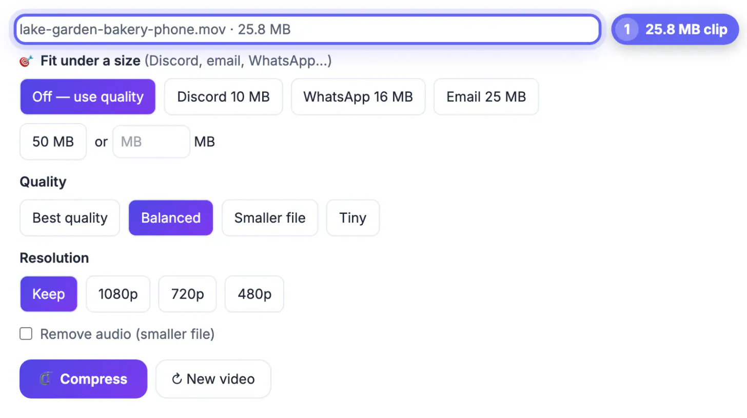lake-garden-bakery-phone.mov loaded at 25.8 MB, above the Fit under a size presets Discord 10 MB to 50 MB