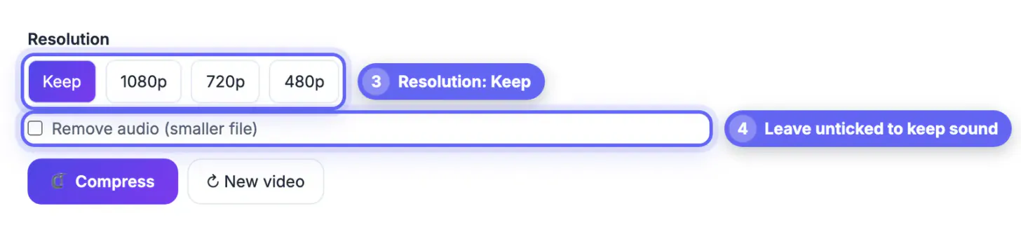 Resolution left on Keep and Remove audio unticked, with the Compress button ready