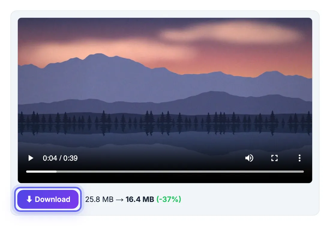 Compression finished: video preview with the result line 25.8 MB โ 16.4 MB (-37%) next to the Download button
