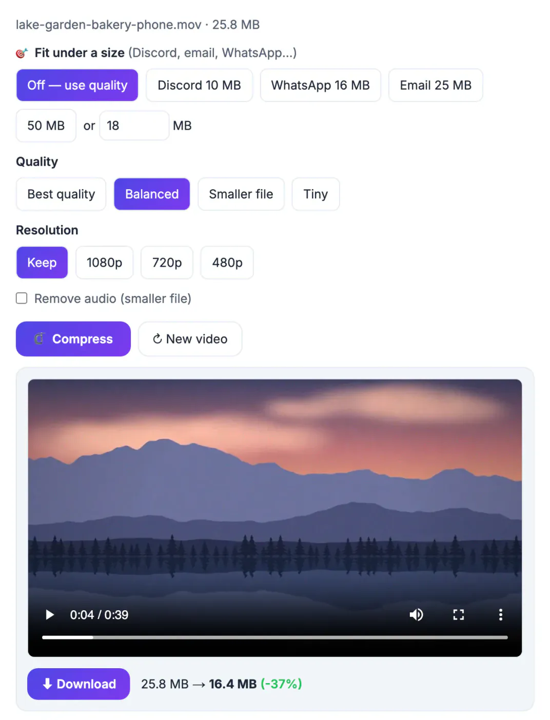 Video Compressor with the custom 18 MB target set and a 25.8 MB phone clip shrunk to 16.4 MB, ready to download