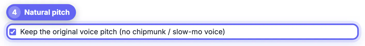 Keep the original voice pitch (no chipmunk / slow-mo voice) checkbox ticked for the half-speed export