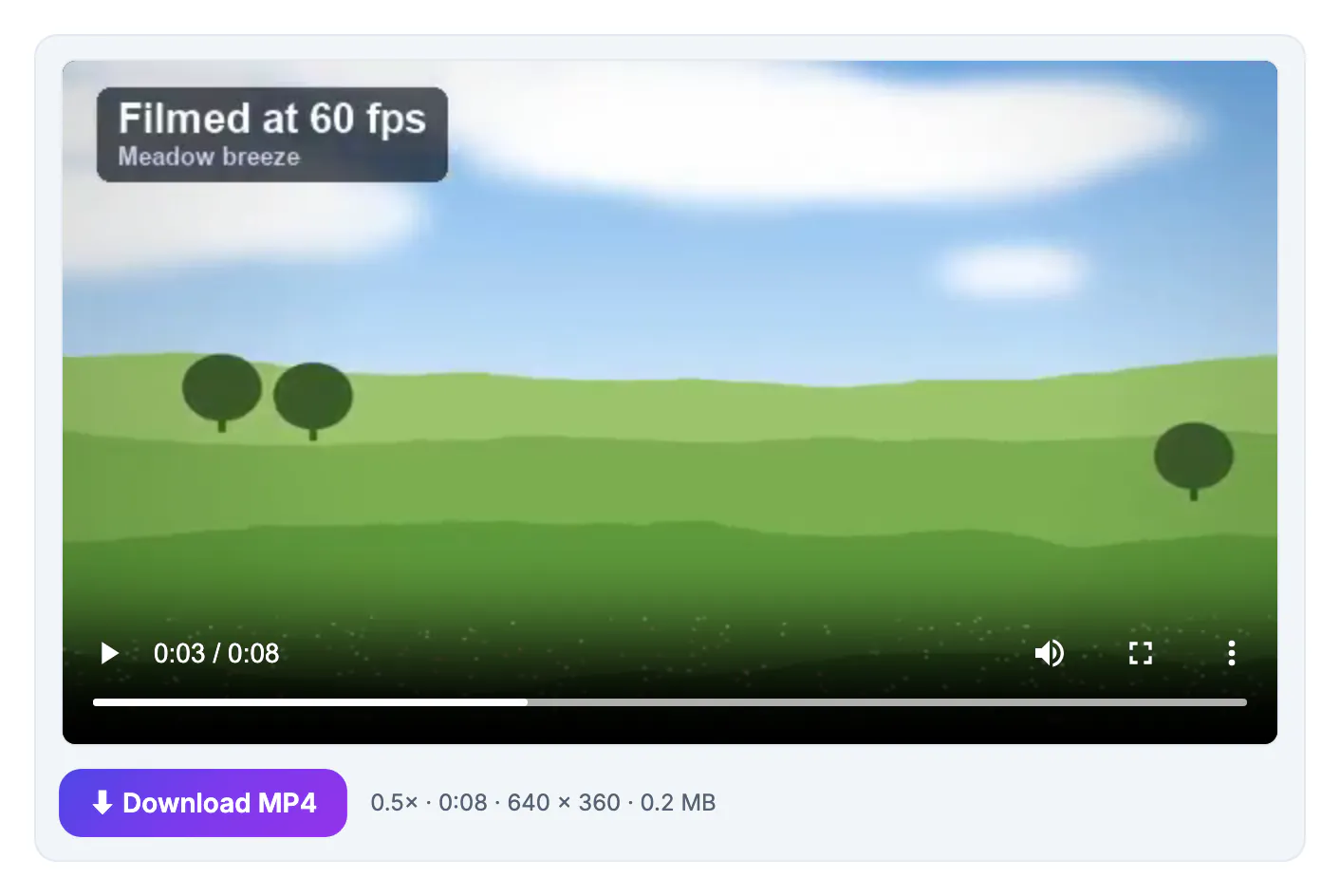 Slowed-down meadow clip exported as MP4 at 0.5x, 0:08 long, 640 x 360, in the result player