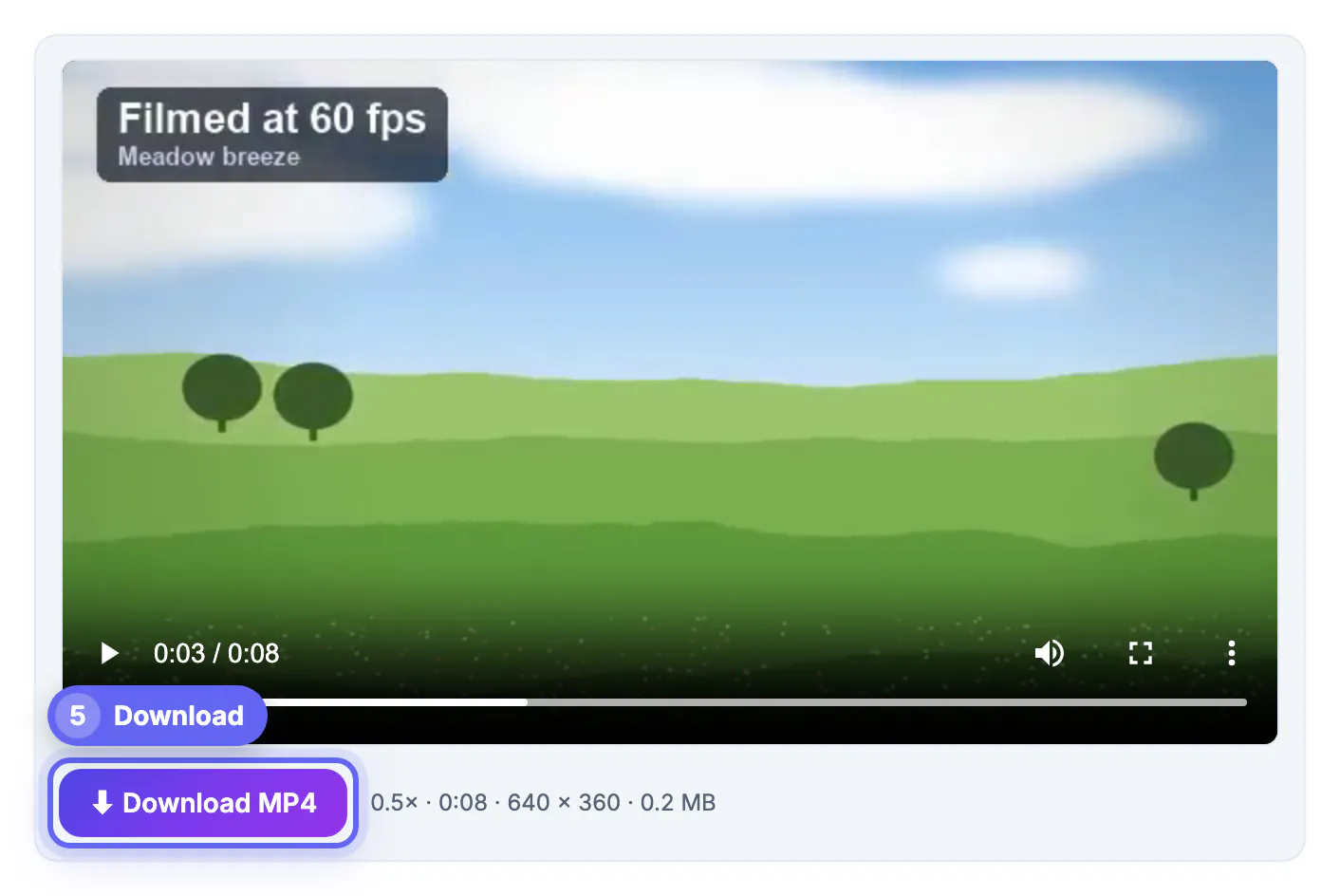 Download MP4 button with the details 0.5x, 0:08 and 640 x 360 under the slow-motion export