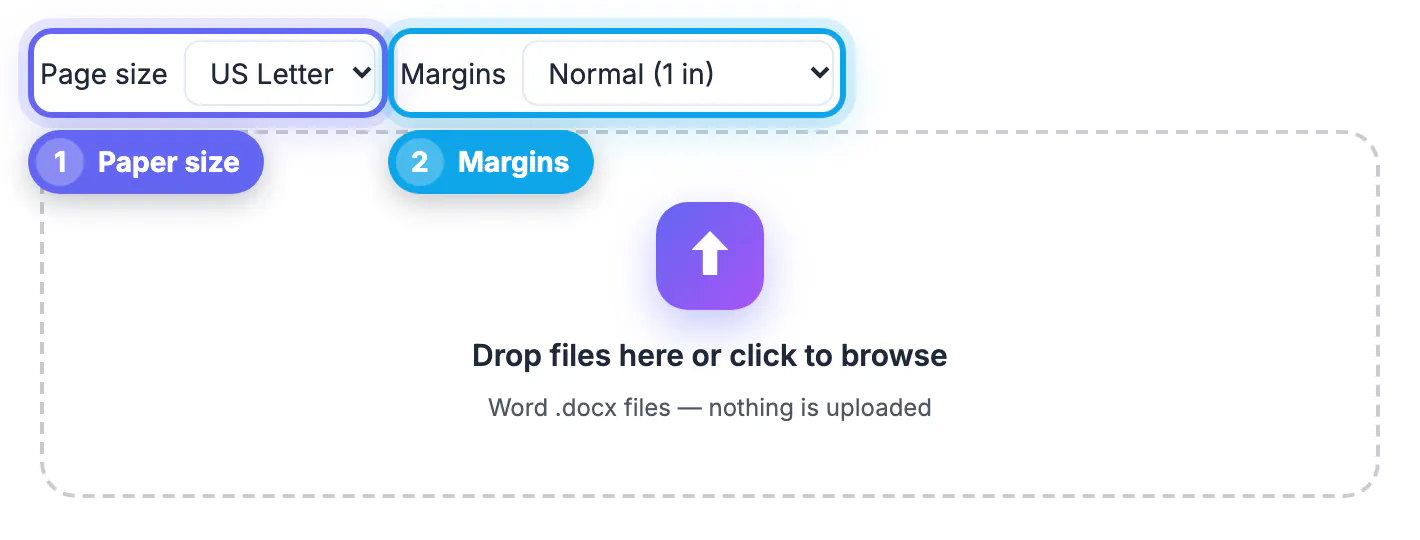 Word to PDF page setup with Page size set to US Letter and Margins set to Normal (1 in) above the .docx drop zone