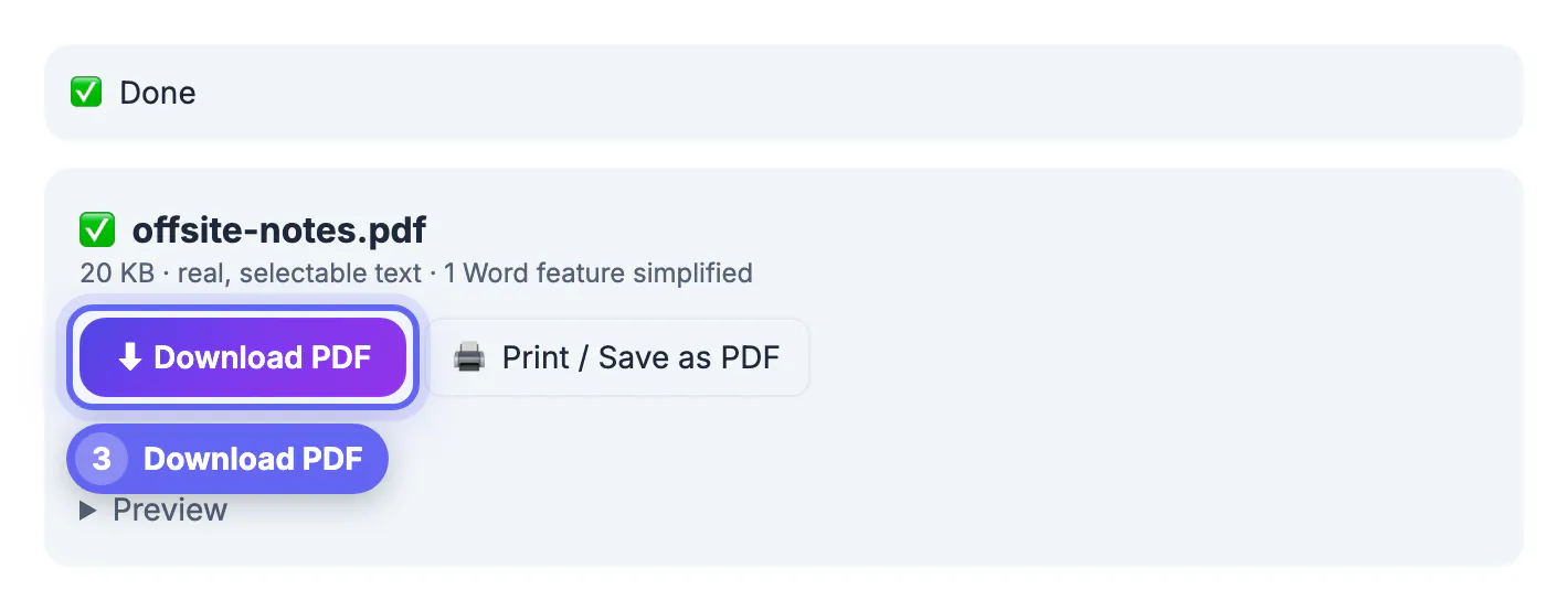Conversion card for offsite-notes.pdf, 20 KB of real, selectable text with 1 Word feature simplified, plus Download PDF and Print buttons