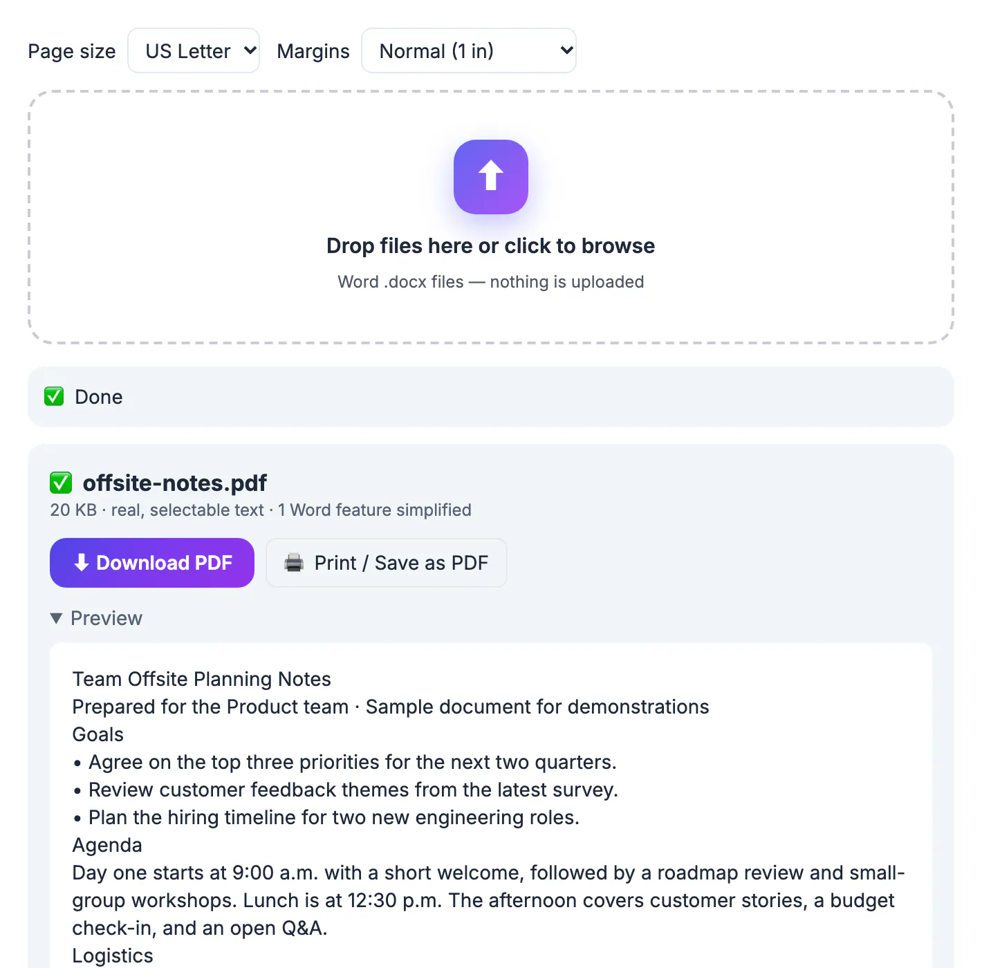 Word to PDF tool after converting offsite-notes.docx, with the preview open on Team Offsite Planning Notes and its Goals list