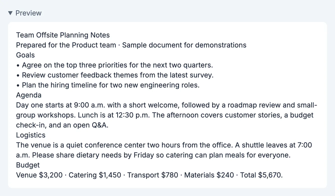 Preview of the converted notes: title Team Offsite Planning Notes, Goals bullets, Agenda paragraph and Logistics heading