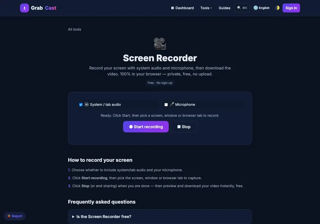 Screen Recorder screen, step 1: Write down the last thing that went wrong in a recording: audio, quality, file size, setup time or a missing feature