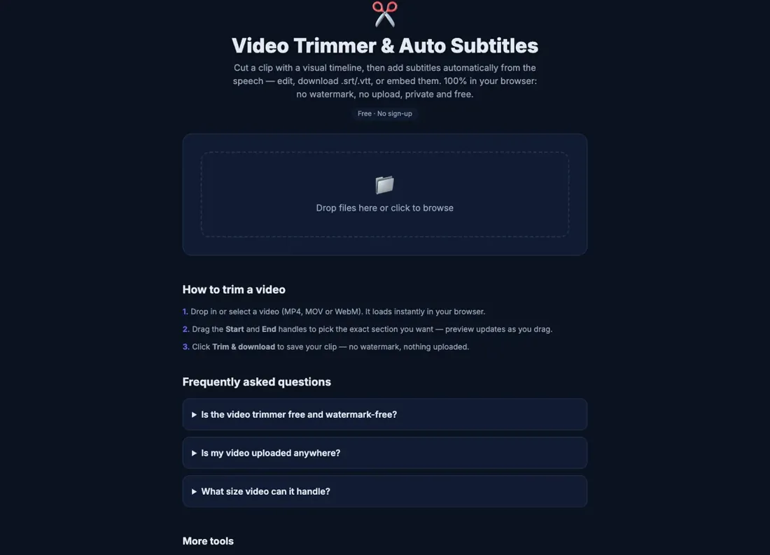 Video Trimmer screen, step 1: List your last three video jobs and sort each into: single cut, short social edit, or long multi-clip project